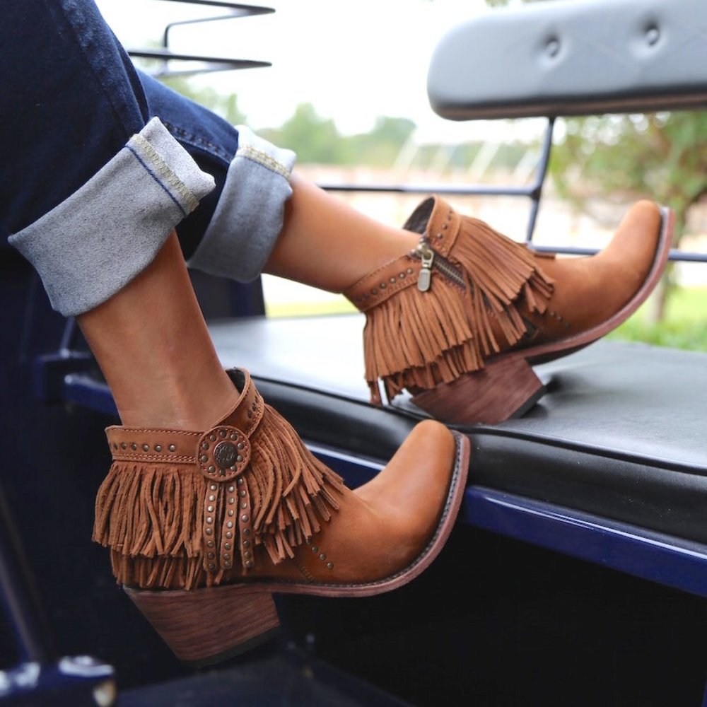 Liberty Black Medallion Short Fringe Boots.